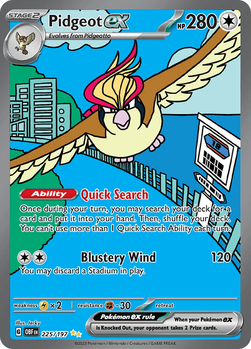 A Special Illustration Rare Pokémon trading card featuring **Pidgeot ex (225/197) [Scarlet & Violet: Obsidian Flames]**. The card depicts Pidgeot in flight with a cityscape in the background. With 280 HP and an ability called "Quick Search," its move "Blustery Wind" does 120 damage. Weakness to Lightning and resistance to Fighting types are indicated.