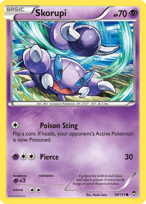 A Pokémon Skorupi (38/111) [XY: Furious Fists] card. This common card features an image of Skorupi, a blue, scorpion-like creature with large pincers and a segmented tail. The card has 70 HP and moves "Poison Sting" and "Pierce" with corresponding descriptions. Numbered 38/111 from the XY: Furious Fists set, illustrated by Naoki Saito.
