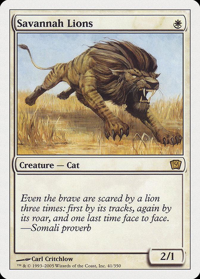 A Magic: The Gathering product named "Savannah Lions [Ninth Edition]" from Magic: The Gathering. This creature card features an illustration of a fierce lion with a dark mane, running through a grassy savannah. The text reads: "Even the brave are scared by a lion three times: first by its tracks, again by its roar, and one last time face to face. — Somali proverb". It has a power