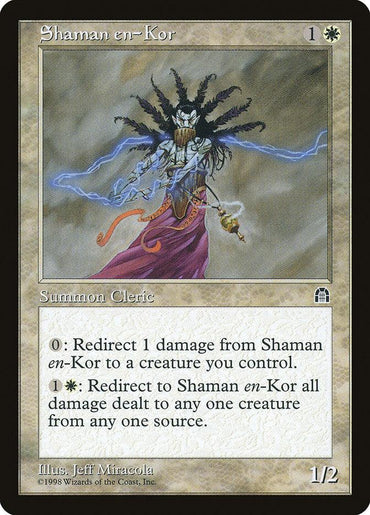 A Magic: The Gathering card titled "Shaman en-Kor [Stronghold]" features an intricate illustration of a mystical Kor Cleric Shaman with tentacle-like hair, holding a glowing staff, and wearing ornate robes. The rare card's text describes its abilities. It was illustrated by Jeff Miracola and is copyrighted in 1998.