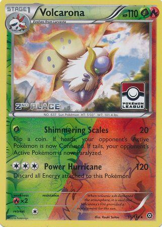 A Pokémon trading card from XY: Steam Siege features Volcarona (15/114) (League Promo 2nd Place) [XY: Steam Siege] with 110 HP. It displays the card art of a colorful, moth-like creature with vibrant wings. The card states “2nd Place” and “Pokémon League” with two attack options: Shimmering Scales (20 damage) and Power Hurricane (120 damage), costing Grass and Fire energy symbols.