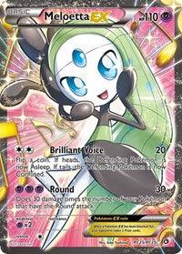 A Pokémon trading card featuring Meloetta EX (RC25/RC25) [Black & White: Legendary Treasures] from the Pokémon set. This Ultra Rare card boasts vibrant colors, showcasing Meloetta—a green-haired creature—striking a confident pose amidst musical notes and a sparkling background. Its attacks, "Brilliant Voice" and "Round," shimmer against the shiny, holographic finish.