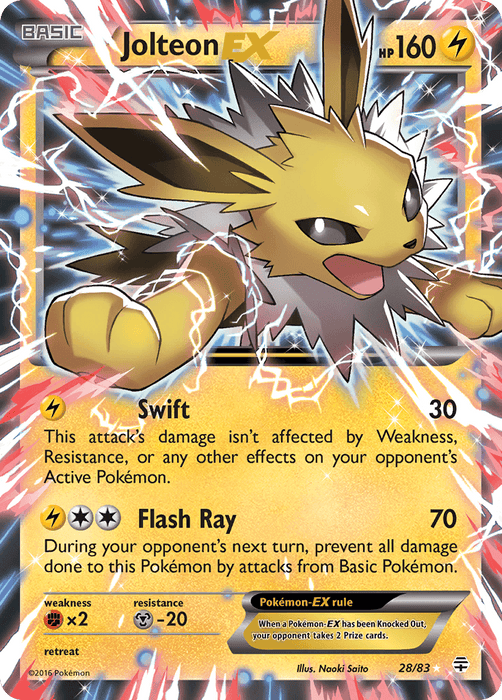 A Pokémon trading card featuring the Jolteon EX (28/83) [XY: Generations] from the Pokémon brand. Jolteon, a yellow, spiky-furred Pokémon, is surrounded by lightning sparks. The card details include "HP 160," attacks "Swift" and "Flash Ray," and weaknesses and resistances. The card's corner has "28/83" and "Illus. Naoki