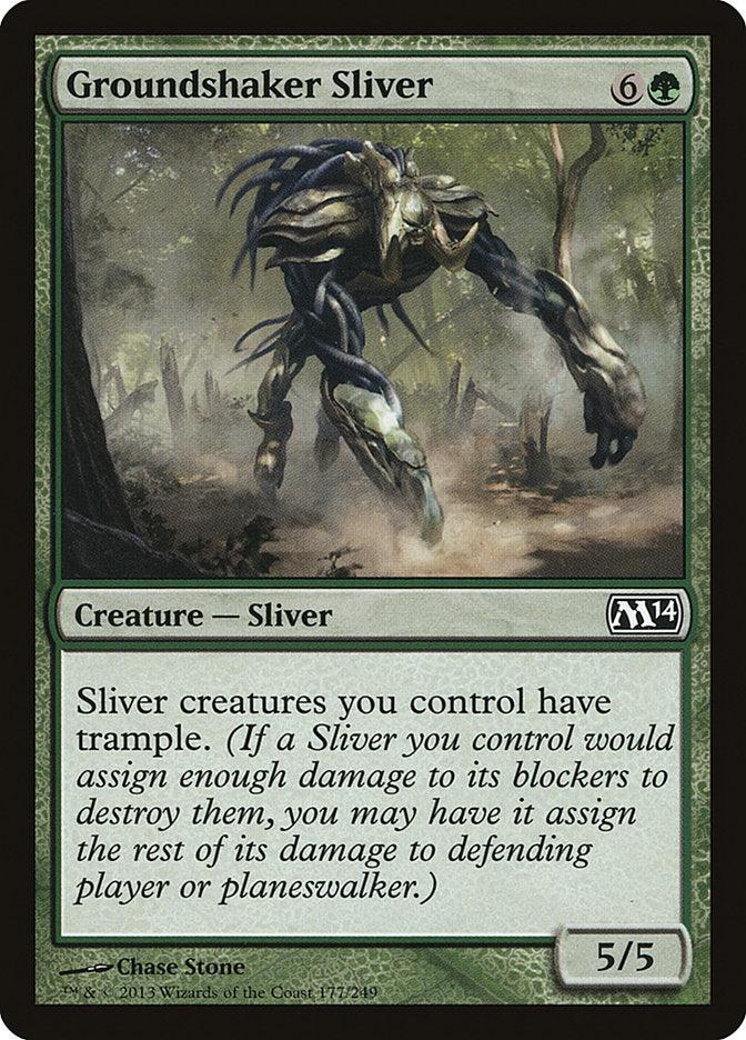 The Magic: The Gathering card "Groundshaker Sliver" from the Magic 2014 set features a monstrous, multilimbed creature stalking through a dense, shadowy forest. The card text states that all Sliver creatures you control have trample. It requires 7 mana and boasts 5/5 stats.