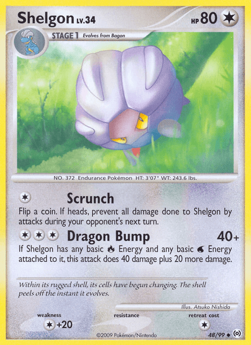 A Pokémon Shelgon (48/99) [Platinum: Arceus] card depicting Shelgon, a Stage 1 Dragon Pokémon from the Platinum: Arceus set. This uncommon card shows Shelgon with a white armored shell and purple legs, featuring 80 HP and moves "Scrunch" and "Dragon Bump." Numbered 48/99, the background reveals Shelgon in a green, forest-like setting.