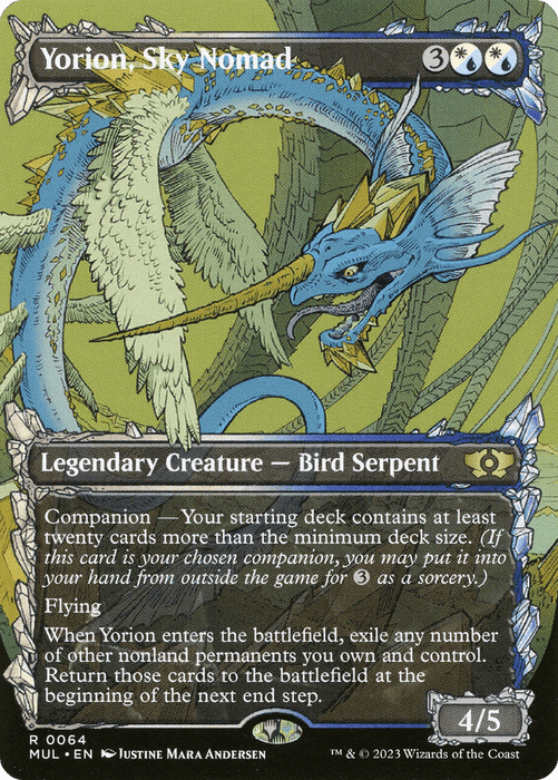 A Magic: The Gathering card titled “Yorion, Sky Nomad [Multiverse Legends]” features artwork of a blue and green Bird Serpent flying in an oval shape. This rare Legendary Creature boasts a 4/5 power and toughness, complemented by multiple special abilities from the Multiverse Legends set.