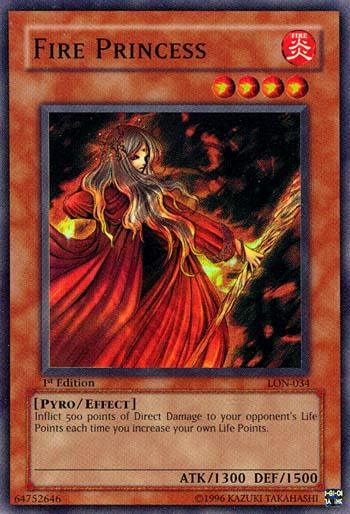 Image of the Yu-Gi-Oh! card "Fire Princess [LON-034] Super Rare," an Effect Monster with super rare status. The illustration features a female figure with flowing hair in a red and gold robe, surrounded by flames. The card boasts 1300 attack points and 1500 defense points, dealing direct damage whenever the cardholder gains life points.