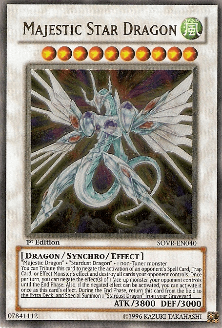 The image depicts an Ultra Rare Yu-Gi-Oh! trading card named "Majestic Star Dragon [SOVR-EN040]." It is a Synchro/Effect Monster with 3800 ATK and 3000 DEF. The artwork features a majestic dragon with glowing wings and a crystalline body against a cosmic backdrop filled with celestial elements.