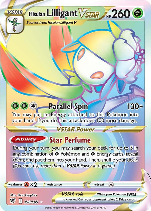 A Hisuian Lilligant VSTAR (190/189) [Sword & Shield: Astral Radiance] Pokémon card with 260 HP from the Sword & Shield: Astral Radiance set. This Grass Type Secret Rare features a colorful illustration of Hisuian Lilligant surrounded by light flares. Its moves include "Parallel Spin" and "Star Perfume" as a VSTAR Power. The bottom left corner shows its weaknesses, resistance, and retreat.