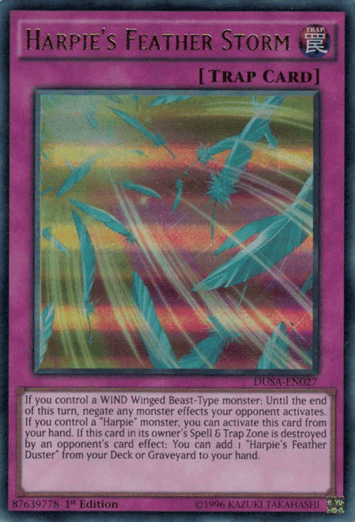 A Yu-Gi-Oh! product named Harpie's Feather Storm [DUSA-EN027] Ultra Rare. This card from Duelist Saga features a purple border and trap card text in a rectangular box at the bottom. The holographic artwork showcases colorful feathers in swirling motion, with detailed text in small typeset below.