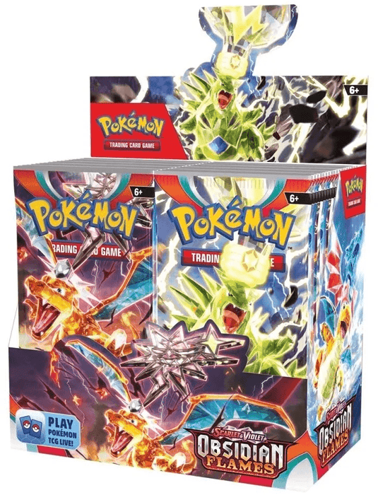 Image of an Everything Games Scarlet & Violet: Obsidian Flames - Booster Box featuring the Scarlet & Violet: Obsidian Flames series. The box showcases vibrant artwork of a golden dragon-like Pokémon ex and another Pokémon with fiery wings battling against a dark, fiery background. The box includes the Pokémon TCG logo and age rating 6+.