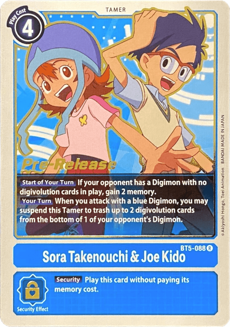 A Digimon card featuring animated characters Sora Takenouchi and Joe Kido. As a 