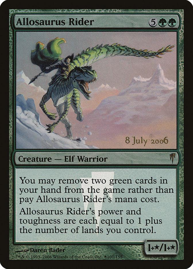 The Magic: The Gathering card "Allosaurus Rider" from the Coldsnap Promos set features a striking illustration of an Elf Warrior riding a green, dinosaur-like creature with an open mouth, set against a backdrop of snowy mountains. The card provides details on mana costs and abilities and credits the artwork to Darrell Bader, dated 8 July 2006.