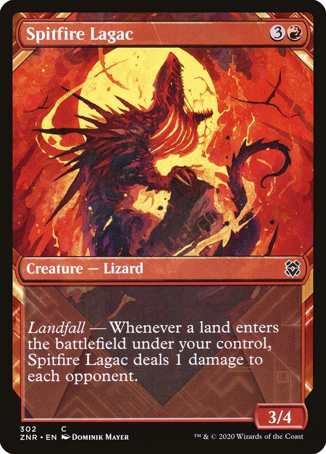 The "Spitfire Lagac (Showcase)" from Magic: The Gathering's Zendikar Rising set features an eye-catching red border, portraying a blazing lizard engulfed in flames. Costing three generic and one red mana, this 3/4 creature card ignites the battlefield with its Landfall ability, dealing 1 damage to each opponent whenever a land enters the field.