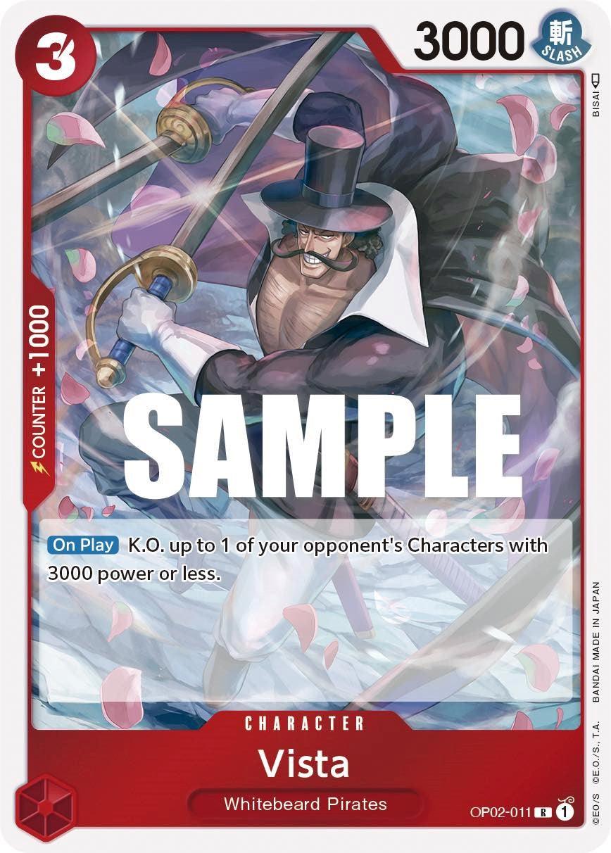 A rare card from Bandai called Vista [Paramount War] features the Whitebeard Pirates character, Vista. This Character Type card portrays him wielding two swords, dressed in a top hat and a blue coat over his bare chest. The card has a red border, 3000 power, and includes the ability: 