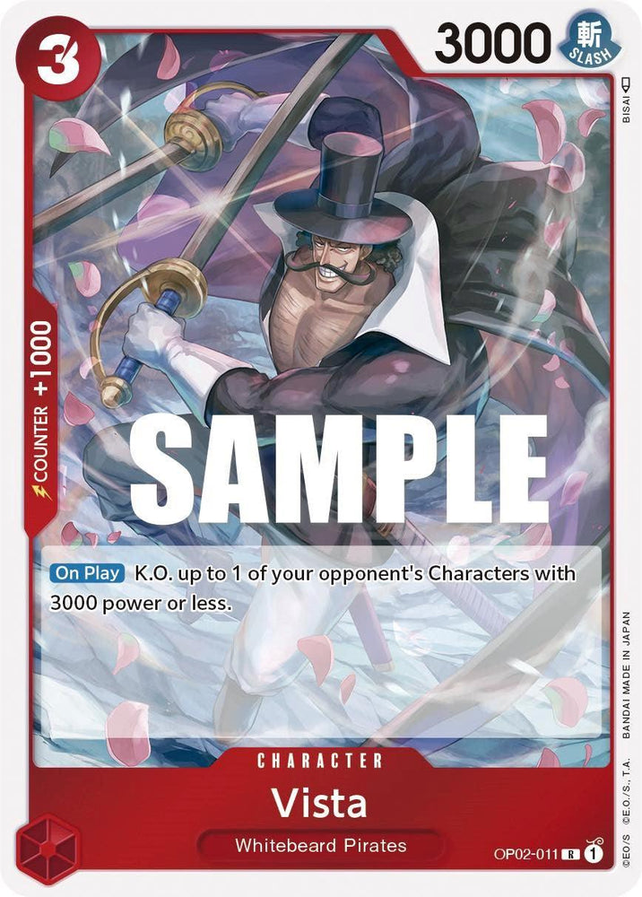 A rare card from Bandai called Vista [Paramount War] features the Whitebeard Pirates character, Vista. This Character Type card portrays him wielding two swords, dressed in a top hat and a blue coat over his bare chest. The card has a red border, 3000 power, and includes the ability: "On Play: K.O. up to 1 of your opponent's Characters with 3000 power or less.