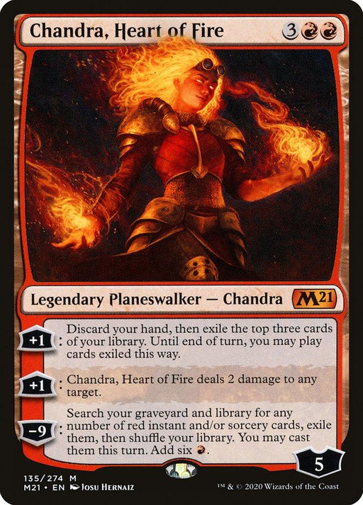 A Magic: The Gathering product titled "Chandra, Heart of Fire [Core Set 2021]" is displayed. It features a fiery-haired woman in armor engulfed in flames, wielding fire in both hands. This Legendary Planeswalker card, numbered 135/274 from the M21 set, includes Planeswalker abilities and has a loyalty count of 5.