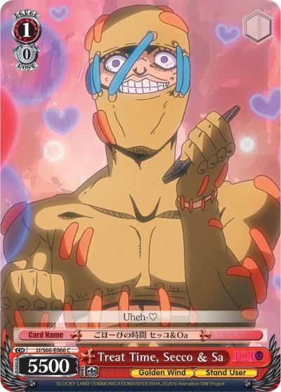 A character card from JoJo's Bizarre Adventure shows a muscular, shirtless figure covered in pink and white bandages, with blue and orange accents. The character forms a heart shape with his hands and sports a goofy smile. The background features pink hearts. Text includes "Treat Time, Secco & Sa (JJ/S66-E066 C) [JoJo's Bizarre Adventure: Golden Wind]," "Uheh," and "Golden Wind." This card is produced by Bushiroad.