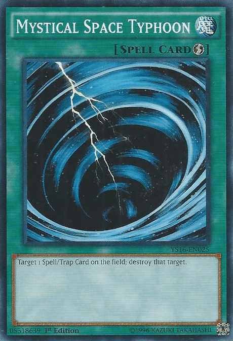 Yu-Gi-Oh! product titled "Mystical Space Typhoon [YS16-EN025] Common." This Quick Play Spell Card, featured in the Yuya Starter Deck, is illustrated with a powerful vortex and lightning bolts against a blue backdrop. Its effect is "Target 1 Spell/Trap Card on the field; destroy that target." The card number is YS16-EN025; it is a 1st Edition.