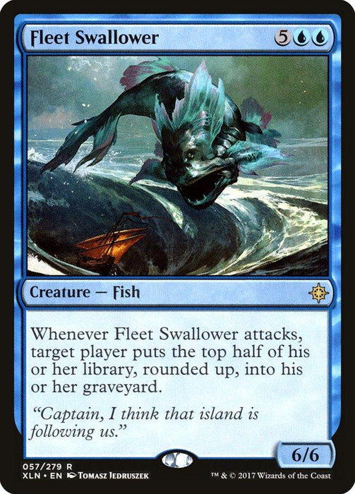 A Magic: The Gathering card named Fleet Swallower [Ixalan] from Magic: The Gathering. With a blue border, it depicts a large fish with sharp teeth and fins swimming through turbulent waves, a small ship caught in the uproar. This rare creature costs 5 blue-blue and is marked as a 6/6 with an ability text.