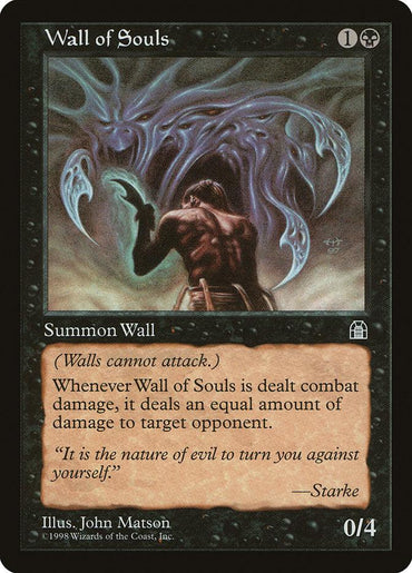 The Magic: The Gathering card "Wall of Souls [Stronghold]" features artwork by John Matson depicting a shirtless man with a greenish hue battling an ethereal, spectral figure. The card boasts 0 attack and 4 defense, with its text detailing its ability to absorb combat damage. The flavor text is attributed to "Starke.