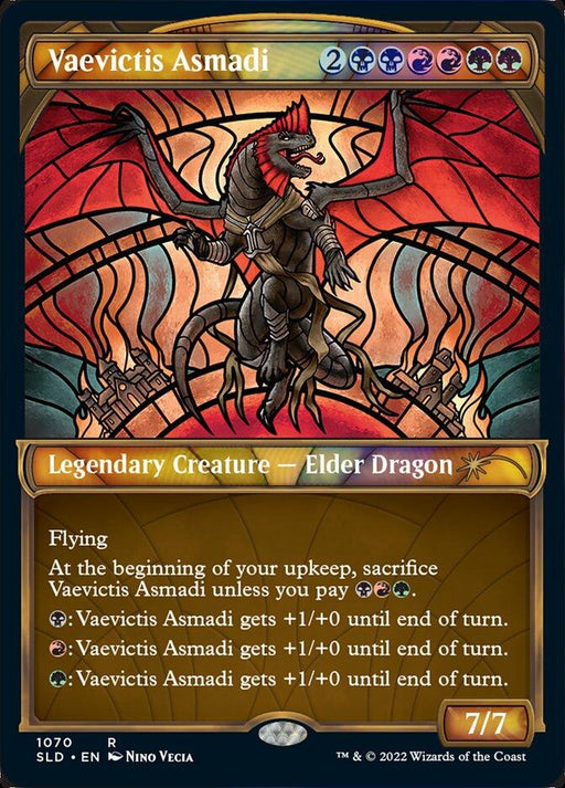 A "Vaevictis Asmadi (Showcase Textured) [Secret Lair Drop Series]" card from Magic: The Gathering depicts Vaevictis Asmadi, an Elder Dragon. The detailed, stained glass-style image shows the legendary creature in flight with red scales and multiple heads. The card text details its abilities and attributes, boasting a power/toughness of 7/7.