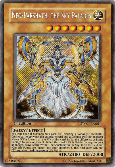 A Yu-Gi-Oh! trading card titled "Neo-Parshath, The Sky Paladin [STON-EN061] Secret Rare" from Strike of Neos. This Secret Rare Effect Monster features a winged, armored warrior with a glowing staff, set against a golden background. The card has 2300 ATK and 2000 DEF points, detailing its special summoning and battle effects.