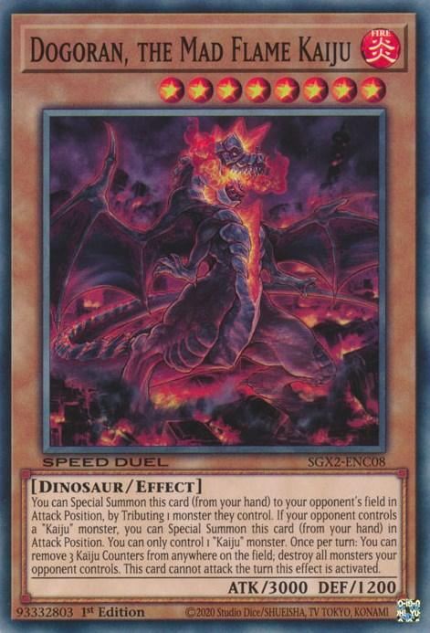A Yu-Gi-Oh! trading card depicting "Dogoran, the Mad Flame Kaiju [SGX2-ENC08] Secret Rare," a powerful, fiery dinosaur. The Kaiju monster is enveloped in flames with an aggressive stance. This Secret Rare card includes its game attributes: FIRE type, level, attack (ATK 3000), defense (DEF 1200), and effect description.