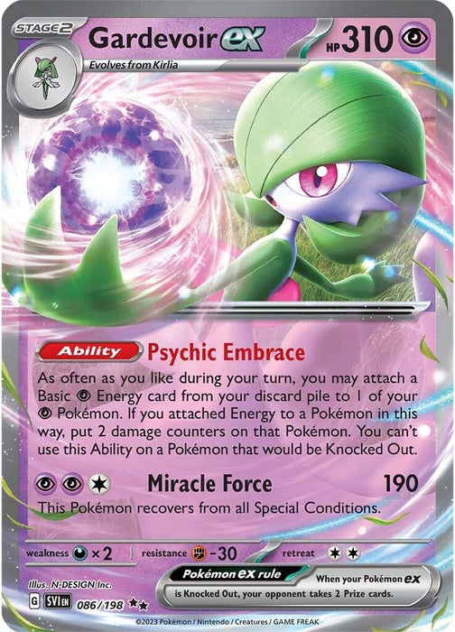 Gardevoir ex (086/198) [Scarlet & Violet: Base Set] by Pokémon featuring 310 HP, from the Scarlet & Violet series. This Double Rare card has a holographic design and text detailing abilities: "Psychic Embrace" and the "Miracle Force" attack, which does 190 damage. Other text includes resistance, weakness, retreat details, and card number 086/198.