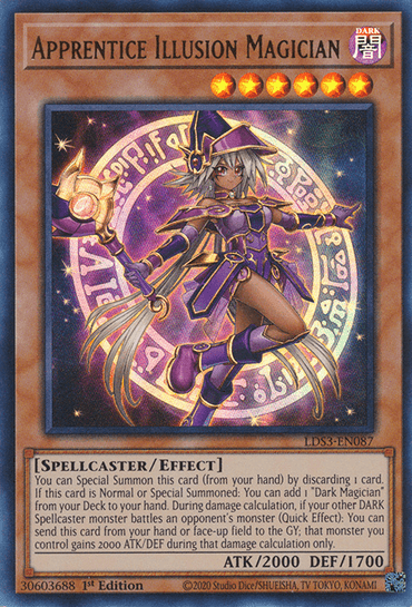 Image of the Yu-Gi-Oh! trading card "Apprentice Illusion Magician [LDS3-EN087] Ultra Rare," an Effect Monster aligned with the Dark Magician archetype. The card depicts a female spellcaster with silver hair and purple attire, holding a staff with a glowing orb. She is surrounded by magical symbols. The card text details her abilities and stats: ATK 2000 and DEF