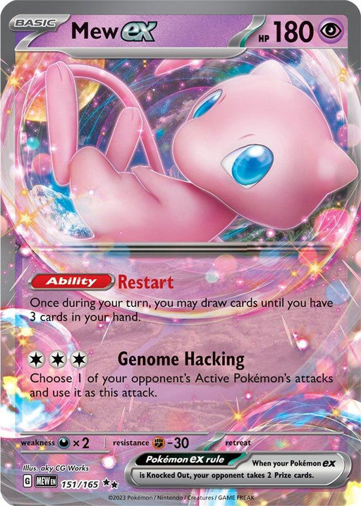 A Pokémon trading card for Mew ex (151/165) [Scarlet & Violet: 151] from the Pokémon series. It's a Basic type card with 180 HP. Mew is depicted in a pink, floating, curled-up pose with a cosmic background. The Double Rare card abilities are "Restart" and "Genome Hacking." Weakness is Psychic, resistance is None, and retreat cost is one energy.