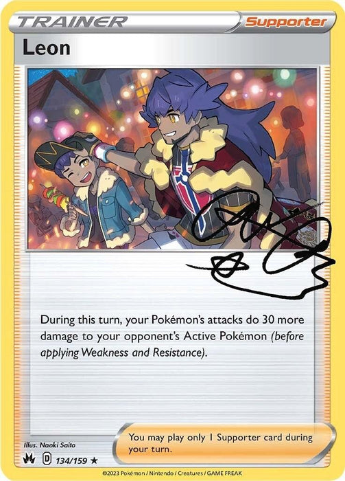 A Leon (134/159) [Sword & Shield: Crown Zenith] Pokémon trainer card from Sword & Shield featuring Leon with dark blue hair and a large smile, wearing a red and blue outfit with a black fur-lined cape. Another excited character stands beside him. Text at the bottom describes Leon's effect in the game, increasing damage to an opponent's Active Pokémon.