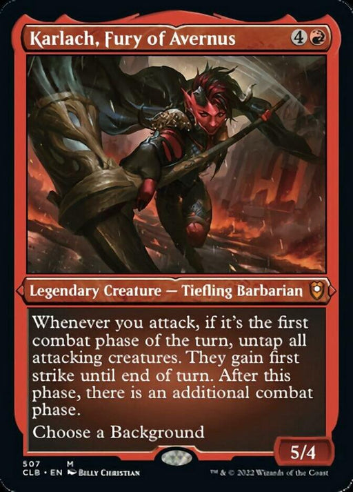 A Magic: The Gathering card from Commander Legends: Battle for Baldur's Gate depicts Karlach, Fury of Avernus (Foil Etched), a legendary tiefling barbarian. With red skin and fiery hair, Karlach holds a sword amidst a blazing battlefield. This mythic creature's card text provides game rules for Karlach. The frame is dark with red accents and features a 5/4 in the bottom right corner.