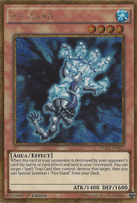 A "Yu-Gi-Oh!" card titled "Ice Hand [PGL3-EN023] Gold Secret Rare." The card, part of Premium Gold: Infinite Gold, features an icy blue spectral hand with chains, emanating smoke and frost. The background has a frosty, dark theme. It's an Aqua/Effect Monster with 1400 ATK and 1600 DEF. Text details the card's effects when destroyed and sent to the