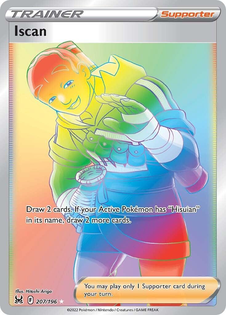 Image of a Pokémon Trainer Supporter card adorned with a holographic rainbow sheen. The card, from the Lost Origin set of Sword & Shield, features a character named Iscan holding a Pokeball. Text on the Secret Rare card reads, 