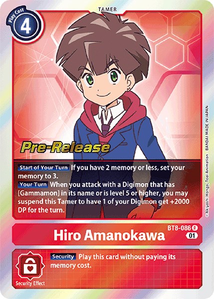 A Digimon card featuring Tamer Hiro Amanokawa [BT8-086] from the New Awakening Pre-Release Cards series. Hiro, depicted with brown hair and a red jacket over a white shirt, provides strategic in-game effects and has a security ability that allows him to be played for free. This card includes exclusive "Pre-Release" text.