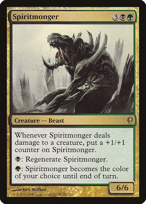 The image shows a Spiritmonger [Conspiracy] card from the Magic: The Gathering series. It depicts a monstrous, roaring beast against a stormy, barren background. The card describes this creature's abilities: gaining counters, regenerating, and changing colors. Power and toughness are 6/6.
