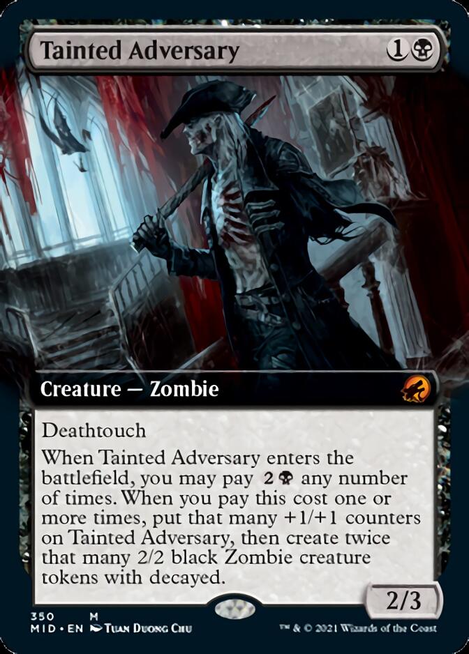 Tainted Adversary (Extended Art) from Magic: The Gathering's Innistrad: Midnight Hunt set depicts a decayed zombie in tattered clothing with a sword, surrounded by a dark, eerie red and black setting. It boasts Deathtouch and can summon black zombie tokens when mana is paid.