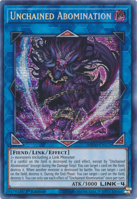 A Yu-Gi-Oh! card named "Unchained Abomination [MP20-EN175] Prismatic Secret Rare" from the 2020 Tin of Lost Memories. It features a dark, menacing Link/Effect Monster with multiple limbs, glowing red eyes, and jagged teeth, surrounded by swirling energies. The card is framed in blue with detailed border designs and text describing its attributes and effects.