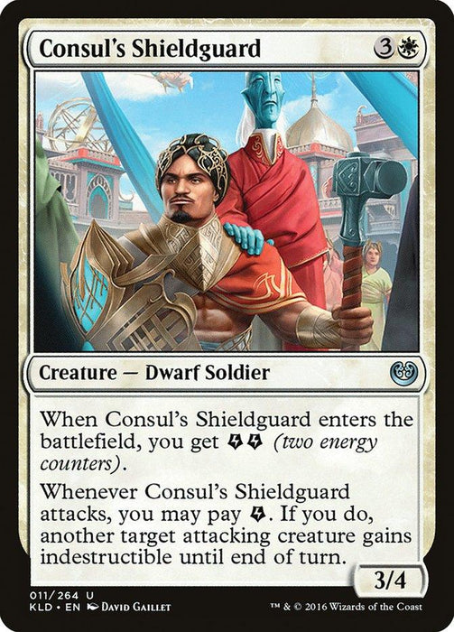 A Magic: The Gathering product titled Consul's Shieldguard [Kaladesh] features a muscular dwarf soldier wielding a shield with energy counters. In the background are three figures, including a tall blue-skinned character. The product includes text describing its abilities, cost, and stats. One symbol is a white mana. The artist is David Gaillet.