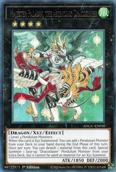 Image of a Yu-Gi-Oh! trading card titled "Majester Paladin, the Ascending Dracoslayer (Rare) [ANGU-EN050] Rare" displaying a fantasy scene with a silver-armored warrior riding a dragon. An Xyz/Effect Monster from the Ancient Guardians set, it details special abilities and boasts 1850 ATK and 2000 DEF.