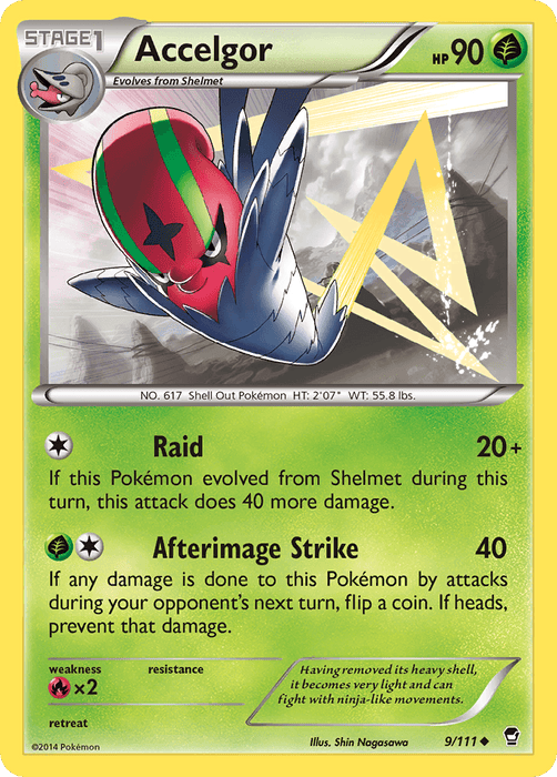 An Uncommon Pokémon trading card from the XY: Furious Fists set featuring Accelgor (9/111) [XY: Furious Fists], a dynamic Stage 1 Grass-type Pokémon with 90 HP. The card shows Accelgor in a striking pose with yellow and green rays in the background, highlighting its moves, Raid and Afterimage Strike, as well as its weaknesses, resistance, and retreat cost.