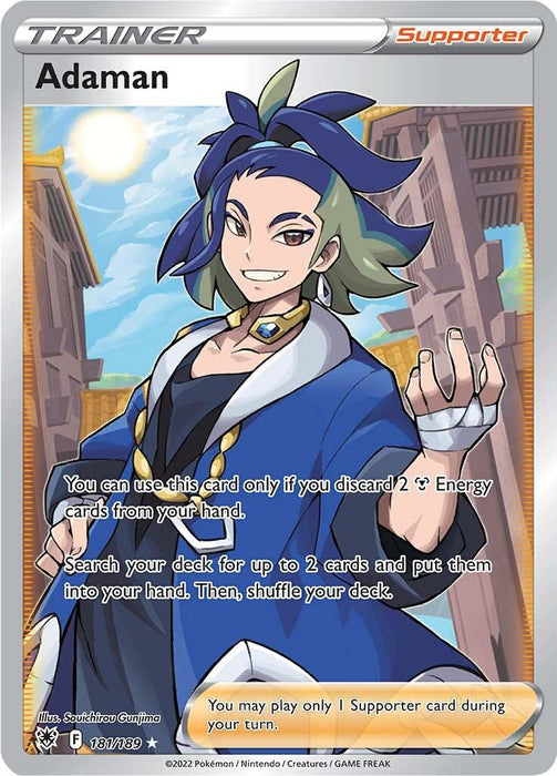 An illustrated card from the Pokémon Astral Radiance set features Adaman, a character with blue and green hair tied back with a blue ribbon. Dressed in blue and white robes with gold accents, he gestures with one hand. The Ultra Rare card, Adaman (181/189) [Sword & Shield: Astral Radiance], contains gameplay instructions for the Pokémon TCG, under the "Supporter" designation at the top.