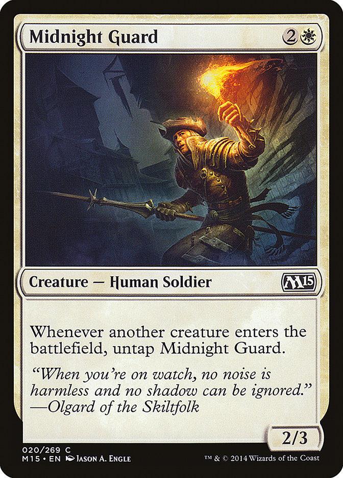 The Magic: The Gathering card "Midnight Guard" from the Magic 2015 set features a vigilant human soldier armed with a torch and sword in a shadowy stone corridor. Costing 2W, this Creature — Human Soldier has a power/toughness of 2/3 and possesses the ability to untap whenever another creature enters, ever prepared for battle.