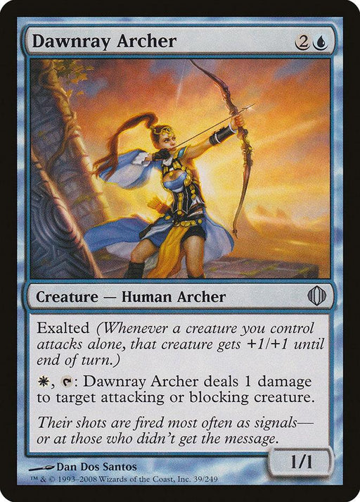 A Magic: The Gathering card titled "Dawnray Archer [Shards of Alara]" from the Shards of Alara set. It depicts a female archer in blue robes, holding a bow and arrow, ready to shoot. The card features Exalted and an ability to deal damage. The background shows a bright, rustic environment.