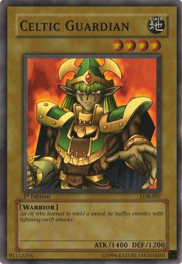 The "Celtic Guardian [LOB-007] Super Rare" from Yu-Gi-Oh!'s Legend of Blue Eyes White Dragon set features an elf warrior in green armor with a sword. As a Normal Monster, it has 1400 ATK and 1200 DEF, highlighting its swift attack skills within the classic brown Yu-Gi-Oh! card border.