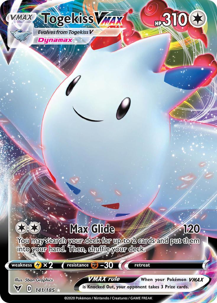 The image features a Togekiss VMAX (141/185) [Sword & Shield: Vivid Voltage] Pokémon trading card from the Pokémon brand. Togekiss, a white, round Pokémon with tiny wings and red and blue triangular markings, is depicted in a dynamic, colorful, and sparkly background. This Ultra Rare card has 310 HP with moves including Max Glide. Illustration by 5ban Graphics.