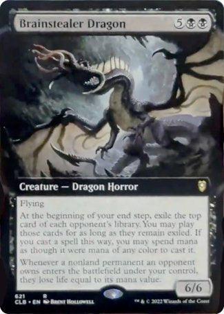 A Magic: The Gathering card titled "Brainstealer Dragon (Extended Art) [Commander Legends: Battle for Baldur's Gate]," a Rare from Commander Legends: Battle for Baldur's Gate, costs 5 generic mana and 2 black mana to cast. This Creature — Dragon Horror boasts 6 power, 6 toughness, flying, and abilities that exile cards from opponents' libraries. Art by Brent Hollowell. Set number: 621.