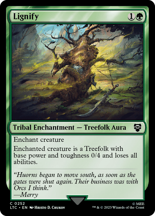 A Magic: The Gathering card named "Lignify [The Lord of the Rings: Tales of Middle-Earth Commander]." It costs 1 generic mana and 1 green mana. The type is "Tribal Enchantment – Treefolk Aura," reminiscent of the mystical beings in The Lord of the Rings. The art depicts a creature entwined with branches and leaves, transforming into a tree.