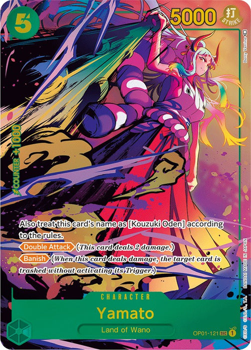 This Secret Rare trading card, Yamato (Parallel) [Romance Dawn], from Bandai's "One Piece" series, showcases Yamato in a dynamic pose with long flowing hair and traditional attire, enveloped by a vibrant, colorful aura. The card boasts a power level of 5000, requires 5 energy to play, and features the effects "Double Attack" and "Banish.